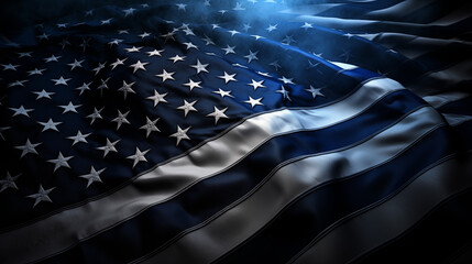 Waving Thin Blue Line American Flag under Blue Light - obrazy, fototapety, plakaty