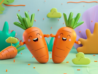 3d happy carrots  on green background. Isomeric characters
