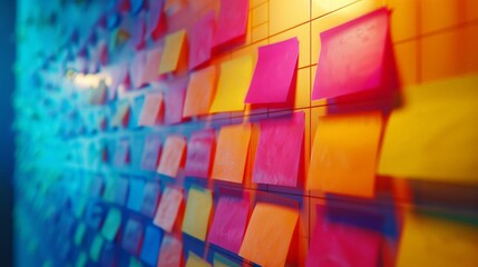 Vibrant sticky notes on a whiteboard, office meeting in UHD detail - obrazy, fototapety, plakaty