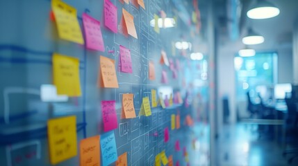 Planning and creativity on a whiteboard, sticky notes, office life