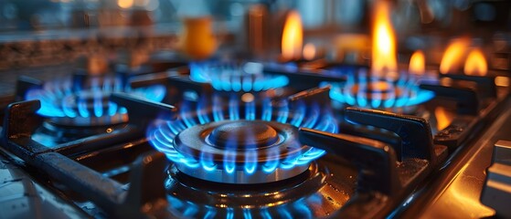 Blue Inferno: A Symphony of Gas Stove Flames. Concept Gas Stove Flames, Blue Inferno, Culinary Art, Fiery Photography, Kitchen Symphony - obrazy, fototapety, plakaty