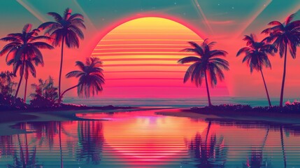 Fototapeta na wymiar Beautiful sunrise view overlooking palm trees and mountains in retro neon color on a beautiful sunset in high resolution and high quality. retro concept