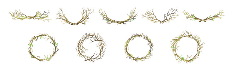 Bare Tree Branch Entangled in Wreath and Semi Circle Vector Set - obrazy, fototapety, plakaty