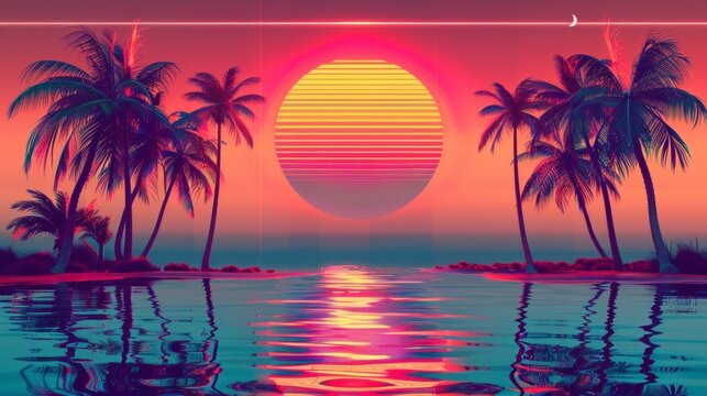Beautiful sunrise view overlooking palm trees and mountains in retro neon color on a beautiful sunset in high resolution and high quality. retro concept,neon,80s