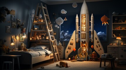 Obraz premium A childs bedroom at night filled with toys and posters of space exploration