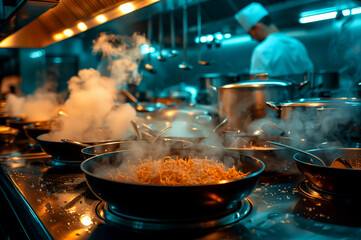 Out of focus professional chef preparing restaurant quality food in a professional kitchen, steaming pan of noodles or spaghetti, dynamic shallow depth of field, broken effect background