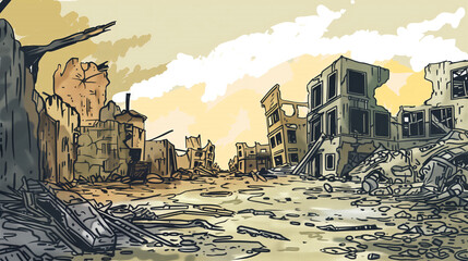 Sketchnote style illustration of a post-apocalyptic cityscape with ruins and a desolate atmosphere.