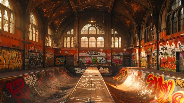 A nostalgic 90s skateboard park ramps and graffiti