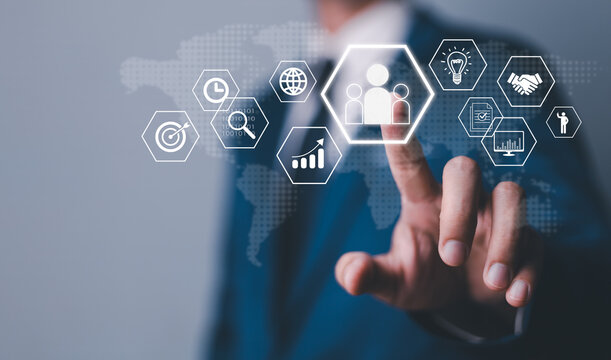 Customer relationship management in the digital global online network and marketing strategy. CDP, Customer Data Platform concept. Marketing tool for online business, digital marketing.