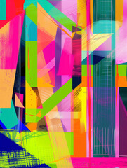 Vibrant Abstract Geometry: Colorful Neon Artwork with a Blend of Geometric Shapes and Expressive Brush Strokes.