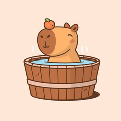 Cute capybara having a bath in hot tub, funny kawaii style cartoon illustration