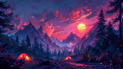 Illustrated background of a 90s-themed camping site with retro tents and glowing animals