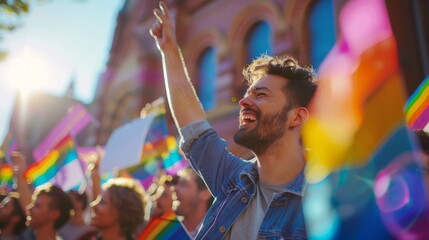 Joyous man raising hand at LGBTQ pride parade under sunny sky
