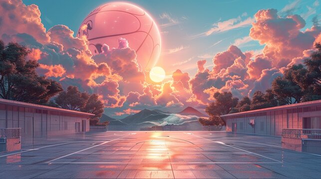 A 90s basketball court illustration with retro jerseys and a surreal oversized basketball