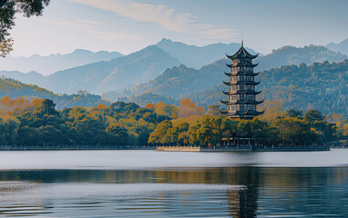 Lake scenery in Hangzhou, China,created with Generative AI tecnology.