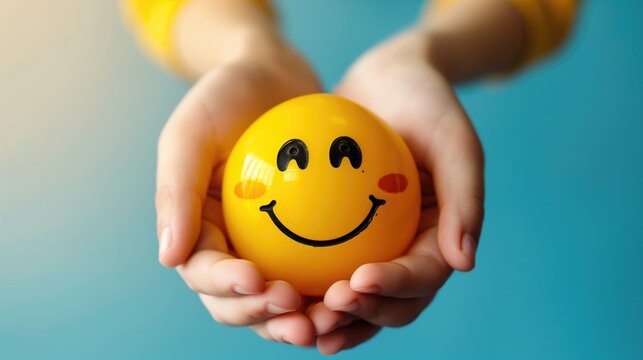 woman hands holding smile face, positive thinking, mental health assessment , world mental health day concept, generative ai
