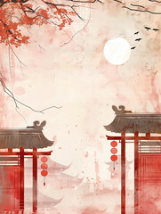 Chinese traditional architectural landscape illustrations,created with Generative AI tecnology.
