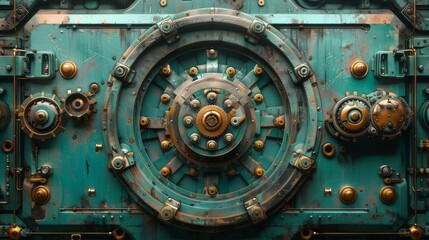 Fototapeta na wymiar 3D illustration of a complex gear mechanism on a blue background in a vintage steampunk banner