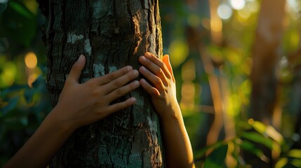 Hand of woman touching bark of tree, Green natural background. Concept of people love nature and protect from deforestation or pollution or climate change, generative ai - obrazy, fototapety, plakaty