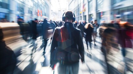 Motion-blurred image of a person walking through a busy city street with crowds of people.