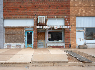 Old abandoned storefronts in the downtown district of Seagraves, Texas, USA