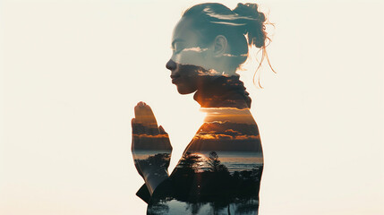 Meditative posture of woman in silhouette with beach and trees double exposure - calming meditation, beach meditation. - obrazy, fototapety, plakaty