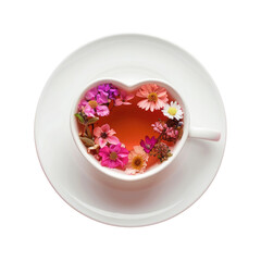 A cup of tea with flowers on a saucer