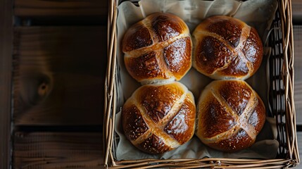 high quality stock photo of four cross buns in a wicker tray on a table - obrazy, fototapety, plakaty