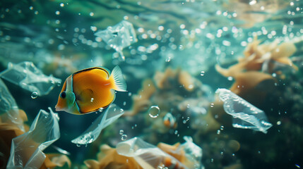 Orange Fish Amidst Plastic Bags Underwater