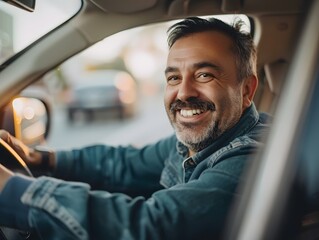 Adult man smiling while driving car, Happy man feeling comfortable sitting on driver seat in his new car	
