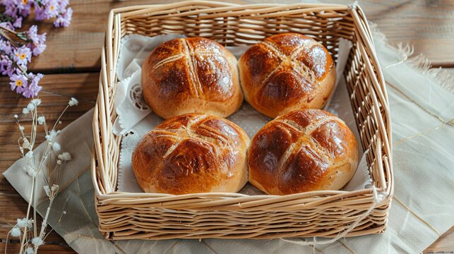 high quality stock photo of four cross buns in a wicker tray on a table