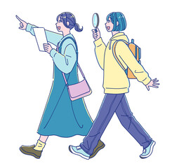 何かを探しながら歩くアニメ風の女の子二人