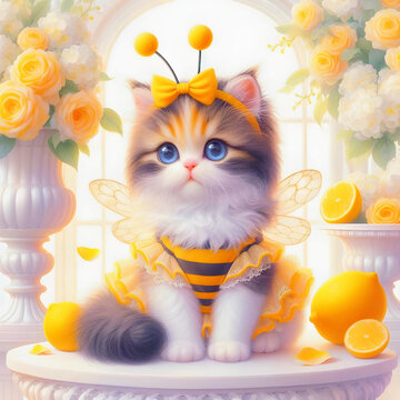かわいい三毛猫ミヌエットの子猫がミツバチのコスプレドレスを着てローズブーケとレモンに囲まれた白い台座に座っているイラスト