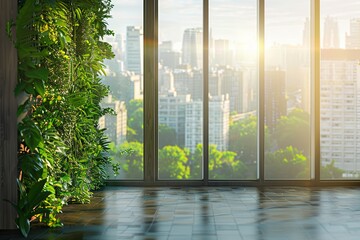 Green Oasis in the Workplace: Modern Office Interior with Vertical Garden and Sunlit Cityscape