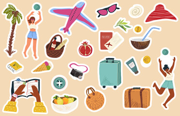Set of stickers hand drawn illustrations with tourist stuff, vacationing people, travel and tourism, summer time, summer party, vacation mood.