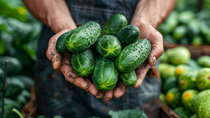 "Harvest Bounty: Garden-Fresh Cucumbers"
Dirt-stained hands presenting a cluster of dew-speckled cucumbers, a testament to the labor and richness of garden harvesting.