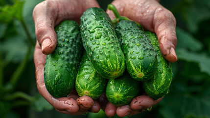 "Handpicked Garden Cucumbers"
A pair of hands cradling a bunch of succulent cucumbers, freshly harvested, with water droplets adorning their vibrant skin.
