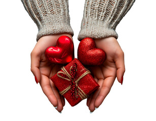Female hand holding gift box with heart and transparent background png - 782190559
