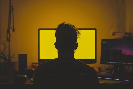 Screen display over shoulder of a man in front of a computer with an entirely yellow screen