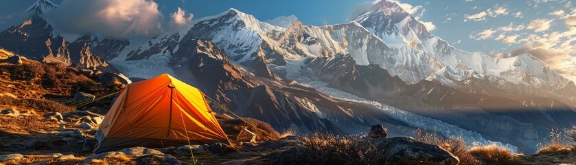 Tent in a serene mountain landscape with majestic peaks. Outdoor adventure and nature exploration - obrazy, fototapety, plakaty