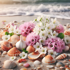 Obraz na płótnie Canvas shells and flowers. flower, spa, beauty, flowers, pink, nature, aromatherapy, decoration, Ai generated 