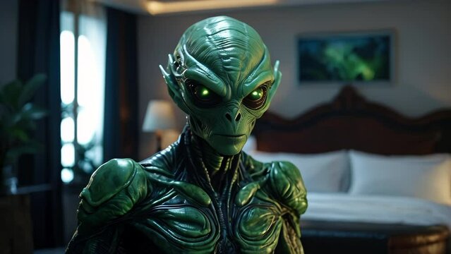 Green scary alien in hotel room