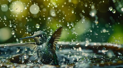 Fototapeta premium Colorful hummingbird energetically bathing in water, surrounded by lively droplets