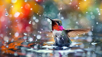 Fototapeta premium Colorful hummingbird energetically bathes in rain, surrounded by lively droplets