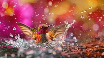 Fototapeta premium A vibrant hummingbird energetically splashes water on its wings, creating a lively burst of droplets