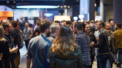 A crowd of people standing around each other, engaging in conversations and networking during a conference hall event - obrazy, fototapety, plakaty