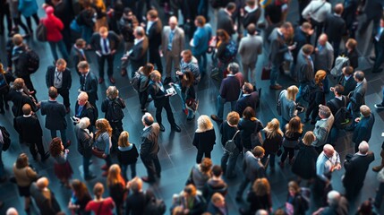 A diverse group of individuals standing in a crowded conference hall, engaged in conversations and networking during an event - obrazy, fototapety, plakaty