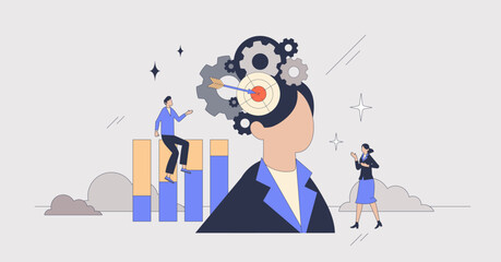 Behavioral targeting as online advertising strategy neubrutalism tiny person concept. Technique used for effective ads campaign focused on precise social group for marketing goal vector illustration.