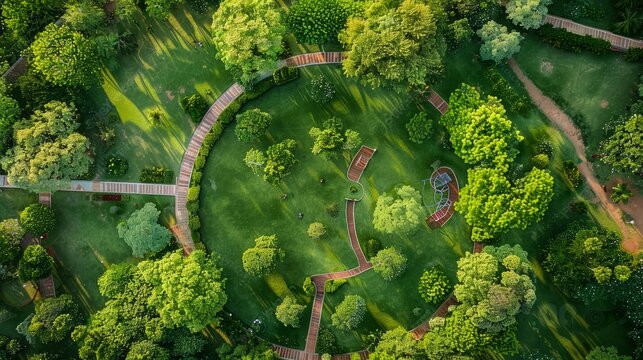 A drone captures a park from above, revealing a playground area nestled amidst vibrant greenery