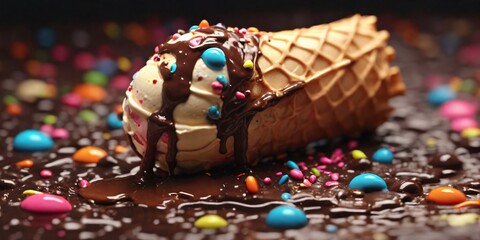 summer Ice Cream Cone with Colorful Sprinkles and melted chocolate  - obrazy, fototapety, plakaty
